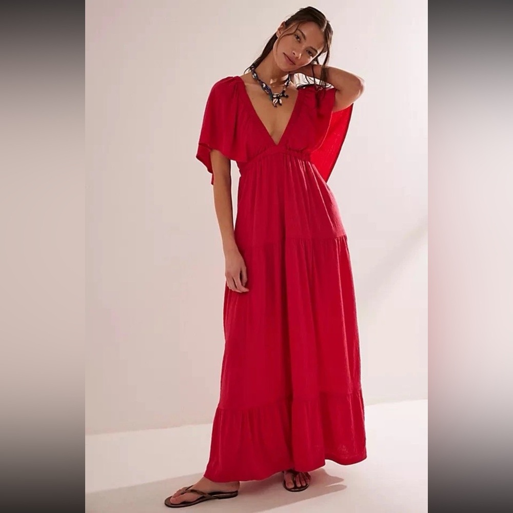 Free People Beach LaLa Maxi Dress in Heated Red NWT